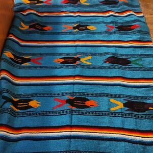 Colorful Handwoven Mexican Blanket Area Rug with Fish Design 48x77 Inches